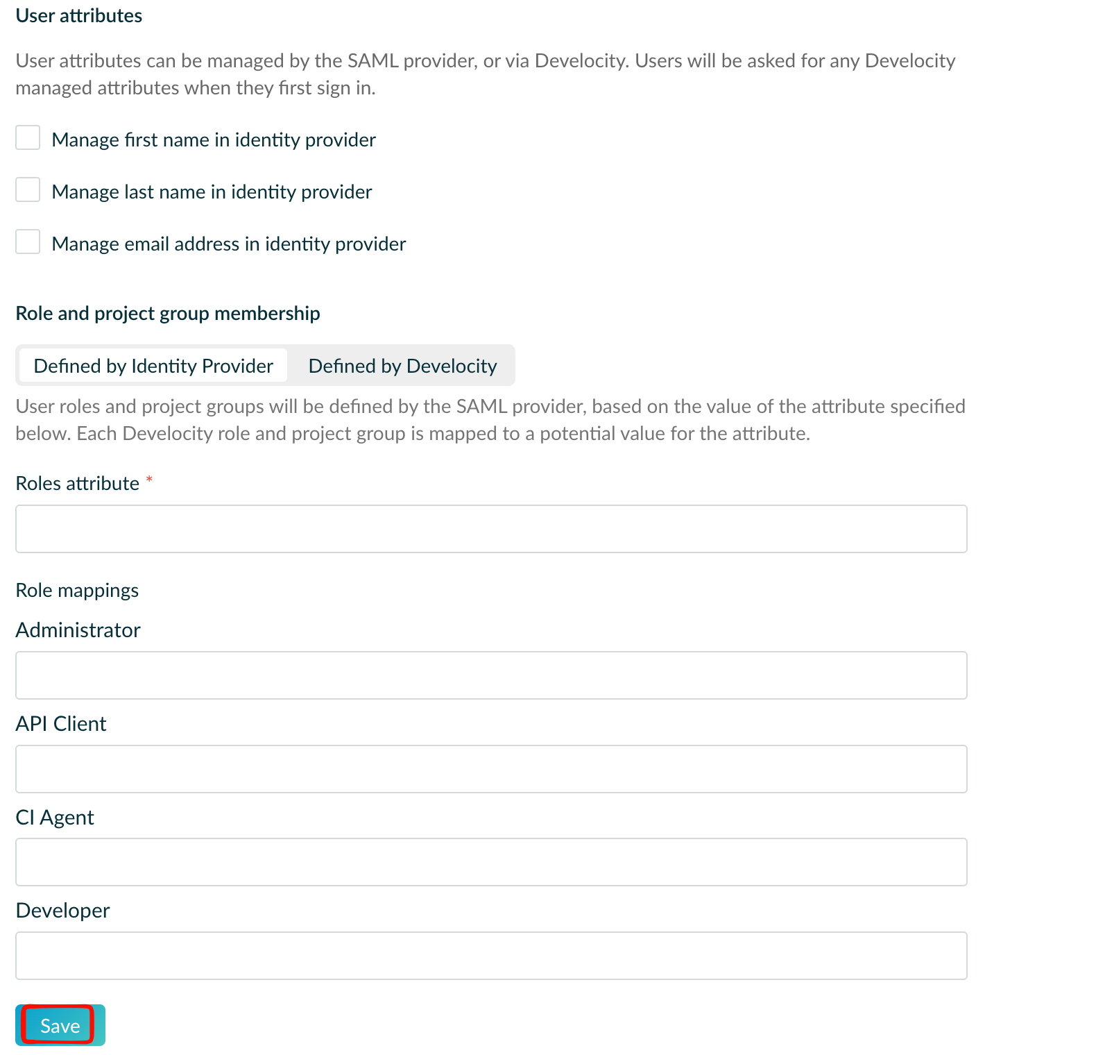 SAML user attribute checkboxes and role membership options with IdP-defined and Develocity-defined assignment tabs
