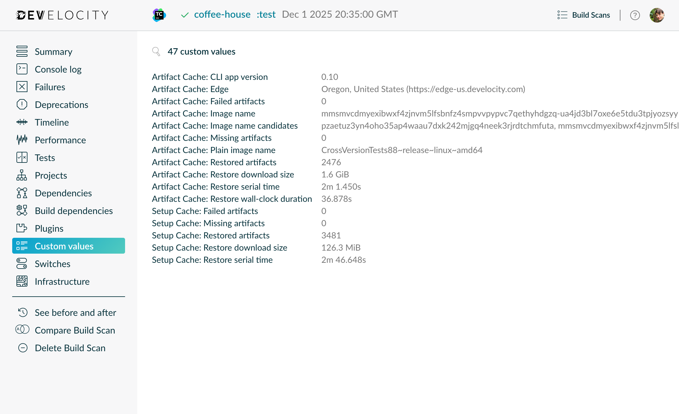 Artifact Cache details for a single build