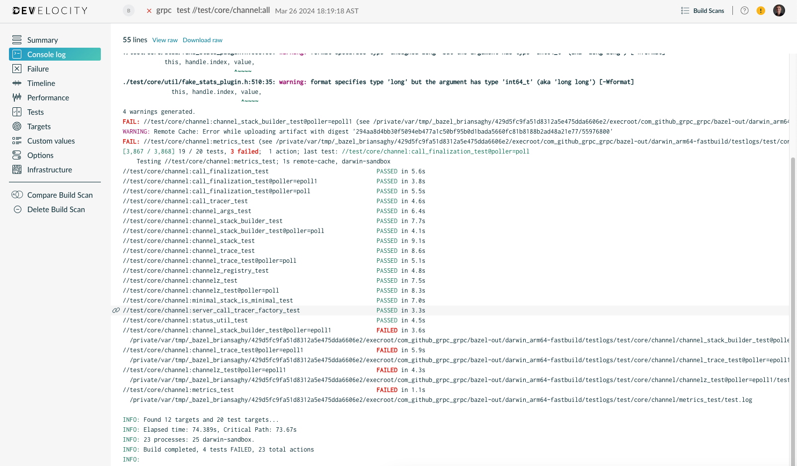 Console log section of a Build Scan with line highlighting
