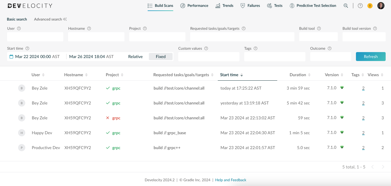 Build Scan list showing build records with project