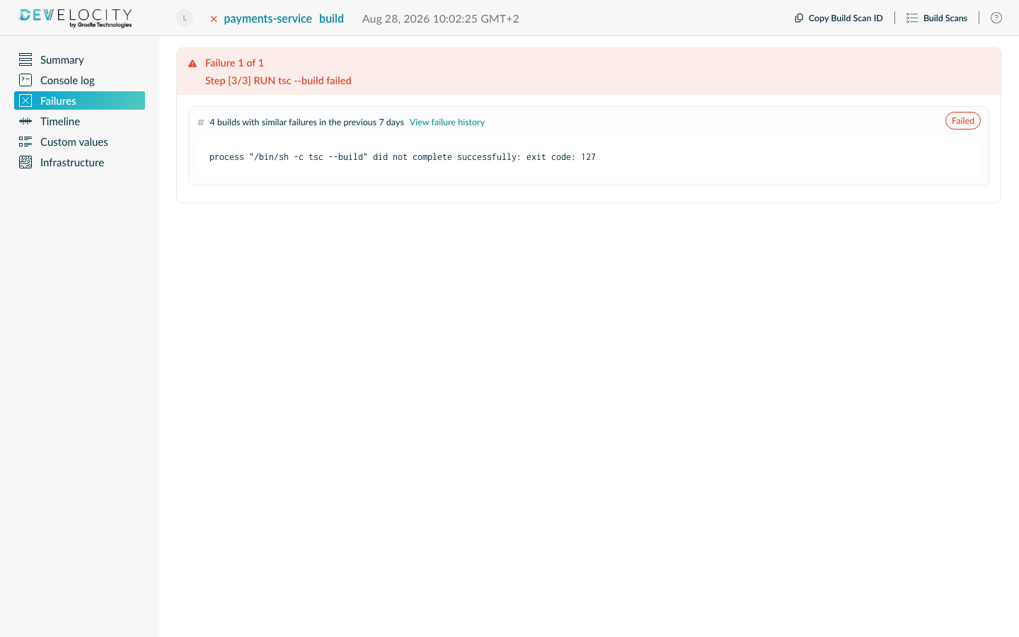 Failures view showing a failed step with its error output