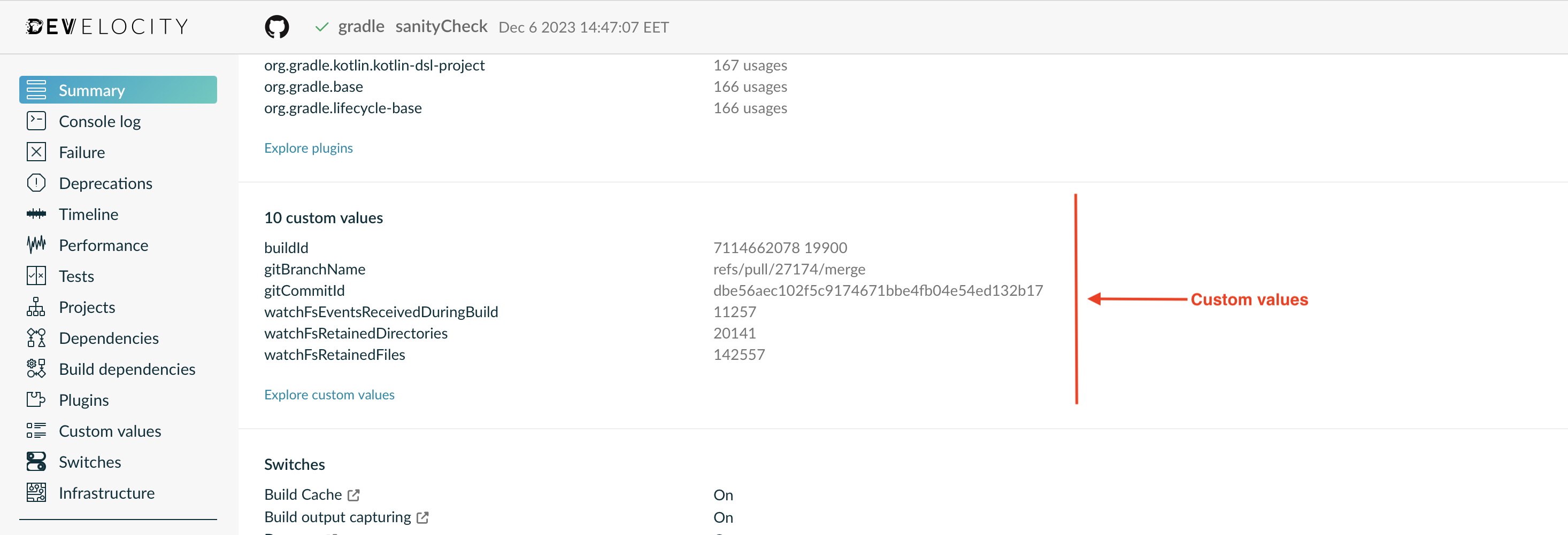 Example of a Build Scan Containing Custom Values