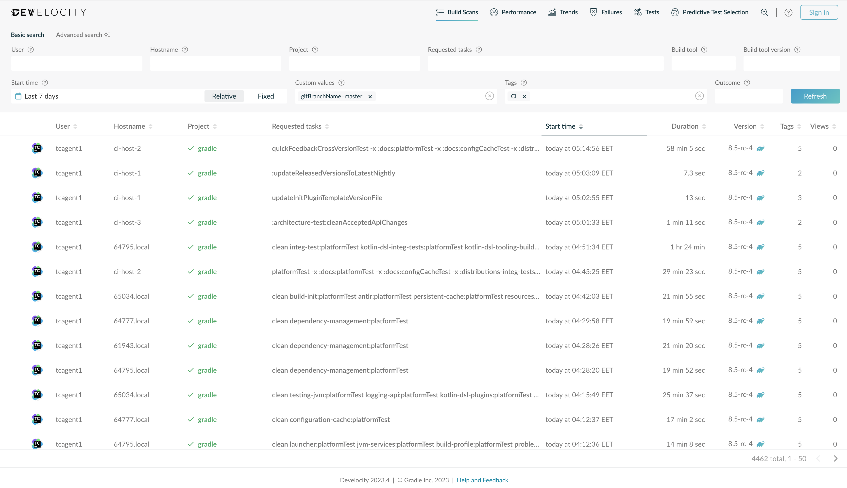 A Filtered List of Build Scan Records in Develocity
