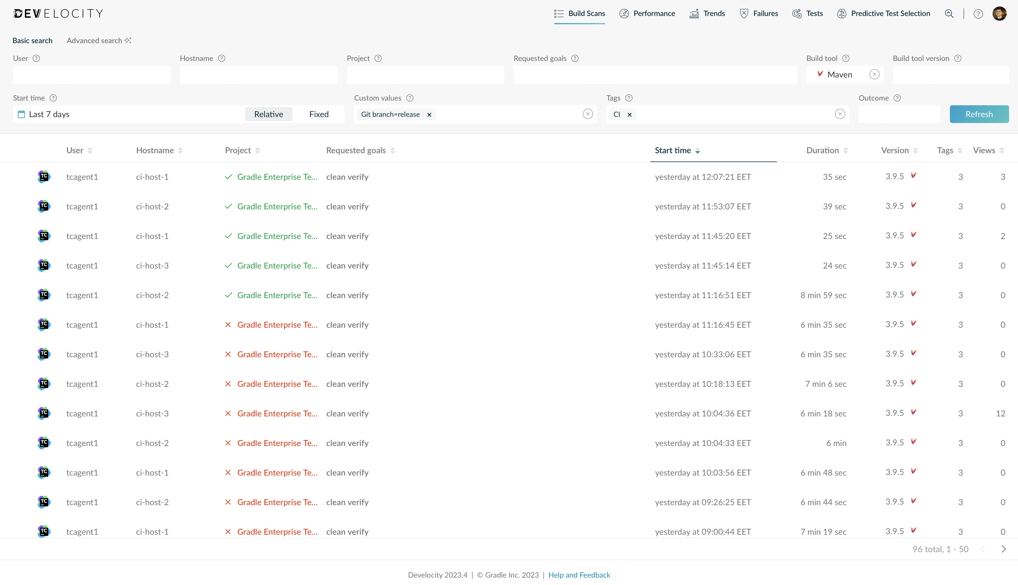 A Filtered List of Build Scan Records in Develocity