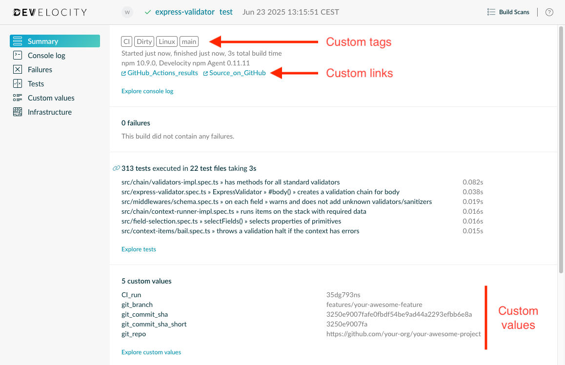 A Build Scan Containing Tags and Links