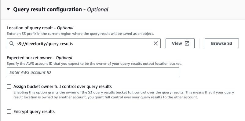 Example of the Athena Query Result Configuration Pane